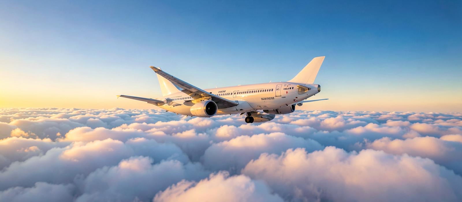 Passenger airplane flying above clouds at sunset